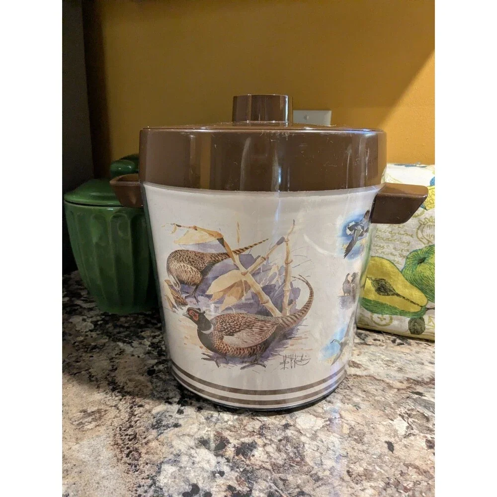 Thermo Serve Vintage Pheasants Ducks Geese Birds Ice Bucket Retro 70s Brown